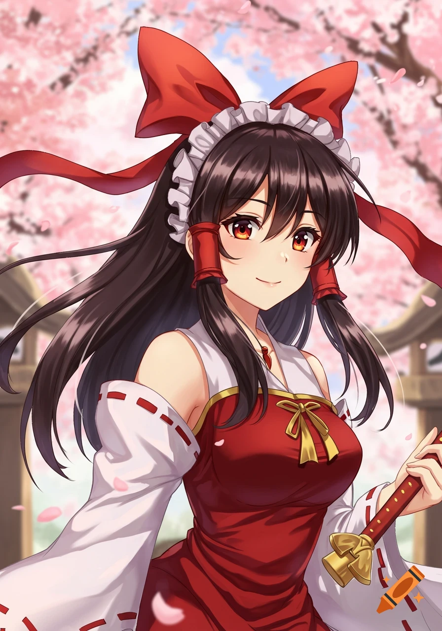 Anime illustration of a girl in red and white traditional clothing under cherry blossoms.