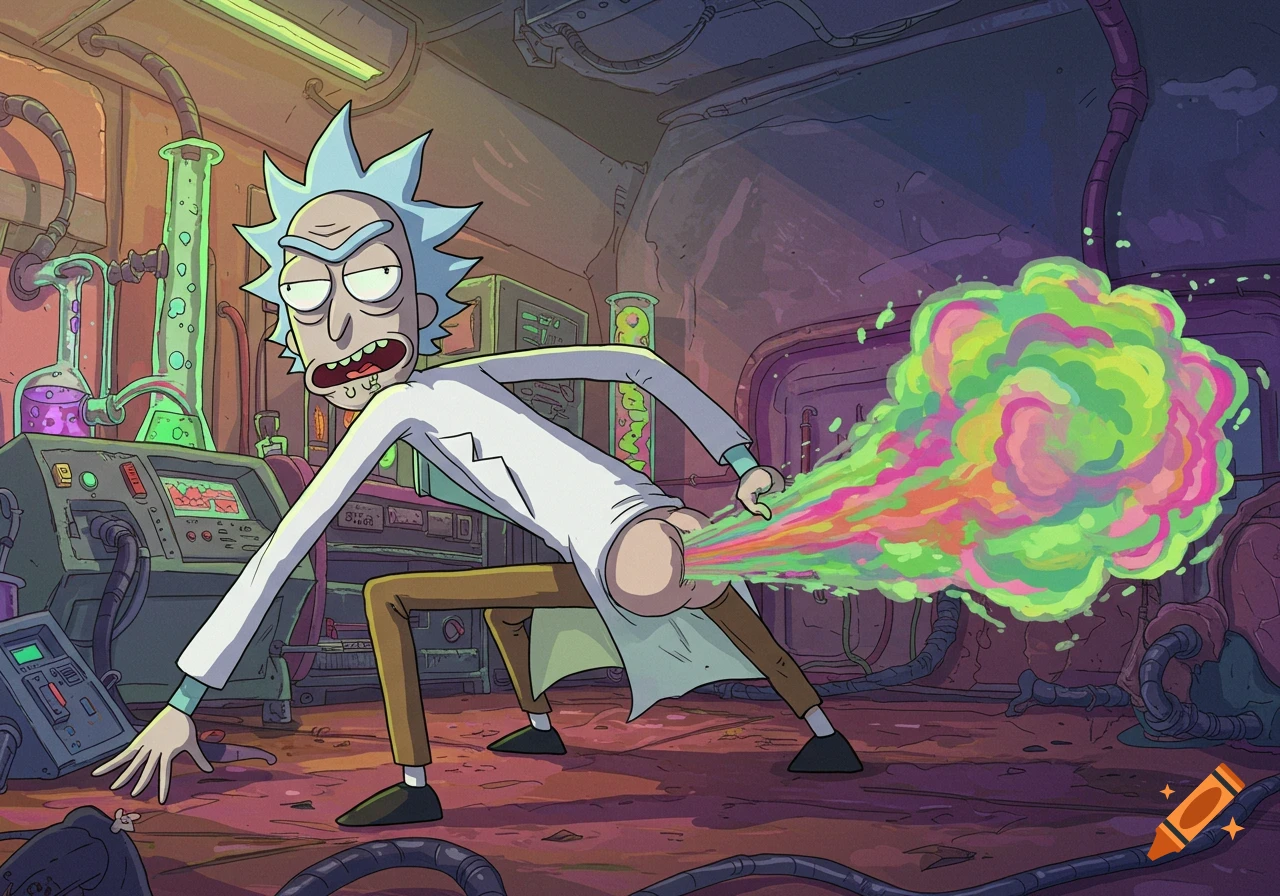 Rick from Rick and Morty farts a rainbow cloud in a sci-fi lab.