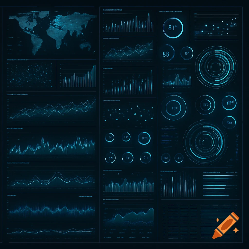 A dark futuristic infographic dashboard with glowing blue charts, graphs, dials, and a world map showing data.