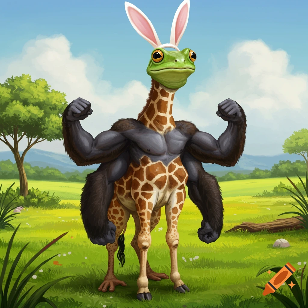 A bizarre creature with a giraffe body, frog head, bunny ears, gorilla arms, and human legs stands in a field.