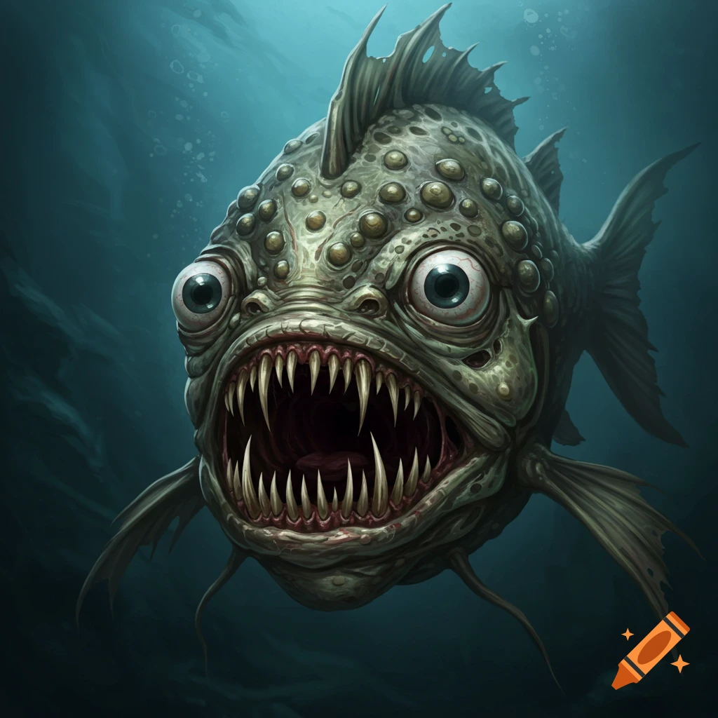An illustration of a scary monster fish with bulging eyes and sharp teeth underwater.