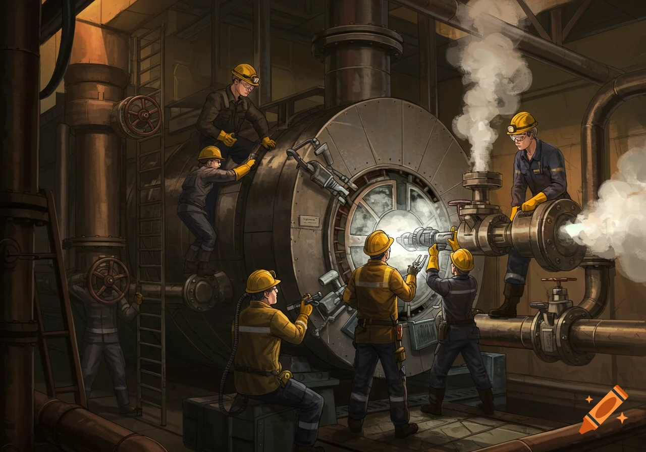 Industrial workers in hard hats repair a large boiler in a detailed illustration.