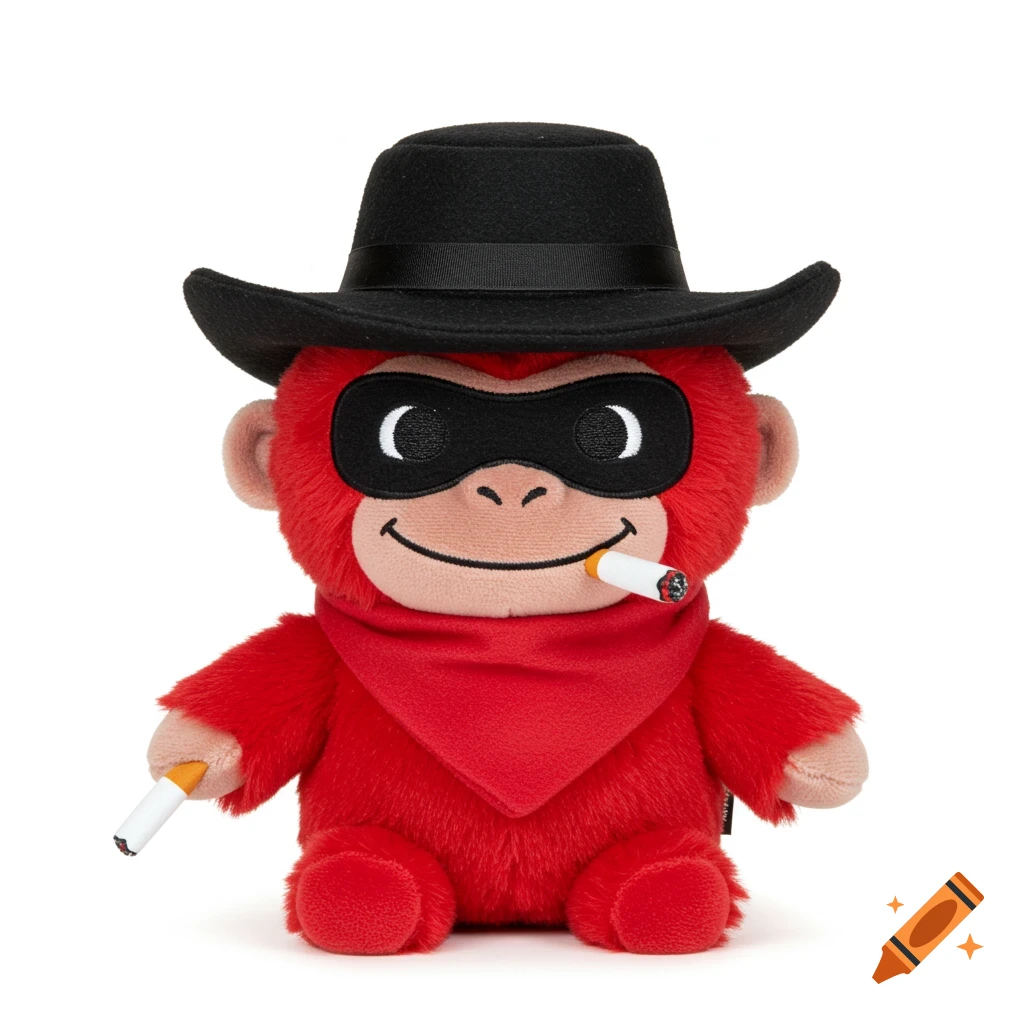 Red monkey plush in black cowboy hat and red bandana, holding a cigarette.