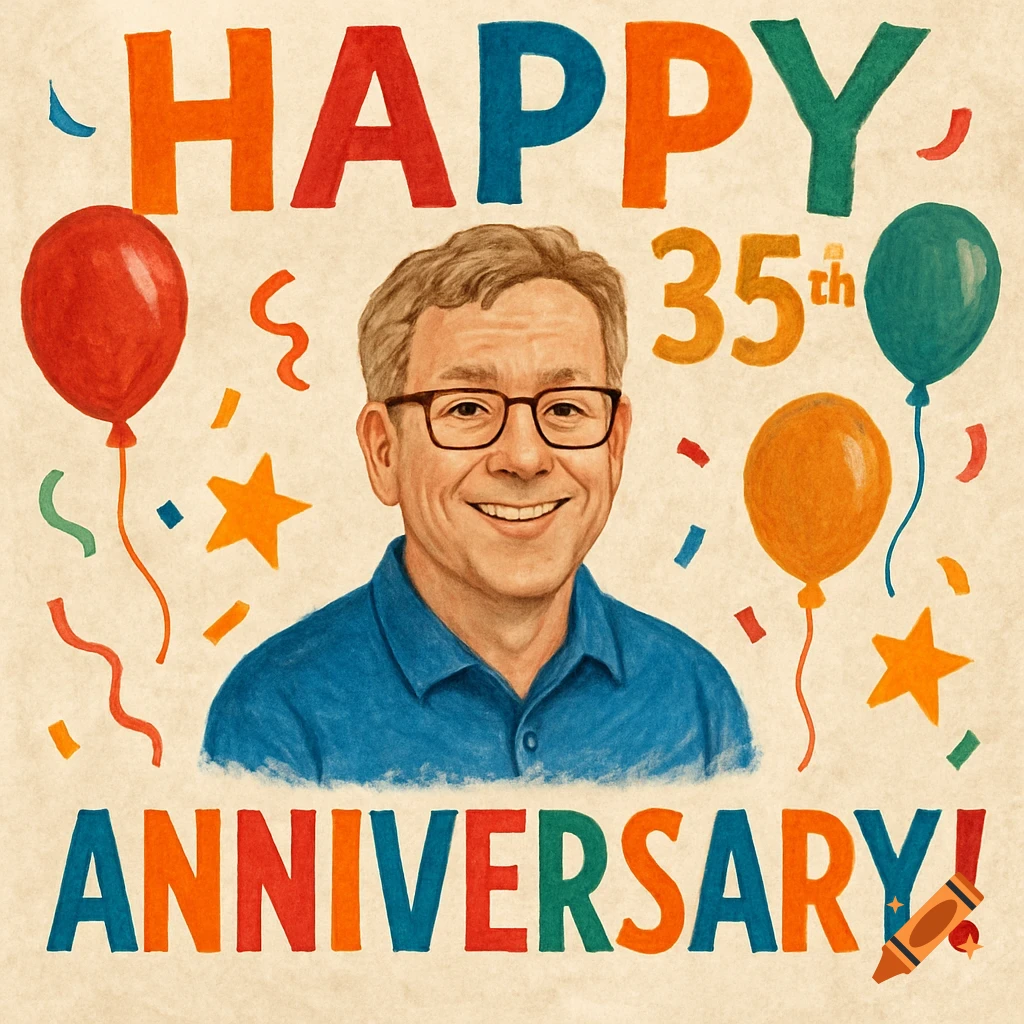 Illustration: Man smiles surrounded by balloons, confetti, and 'HAPPY 35th ANNIVERSARY!' text.