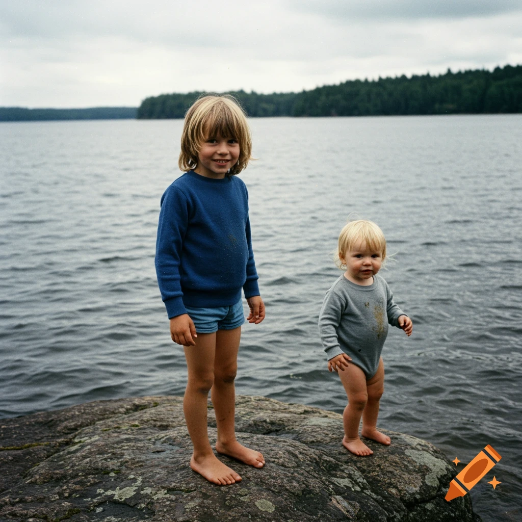 Two children stand barefoot on a rock by a lake on a cloudy day, looking like a 1980s photo.