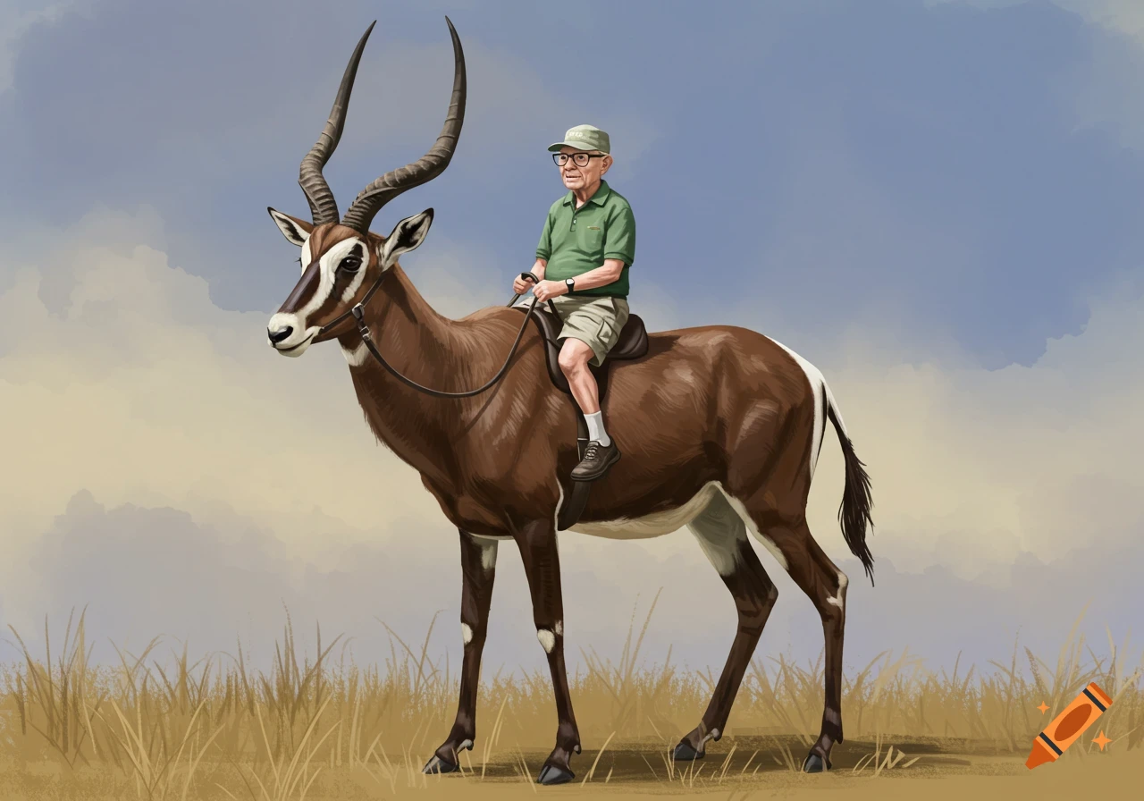 An old man in a green shirt and khaki shorts rides a brown sable antelope in a grassy field.