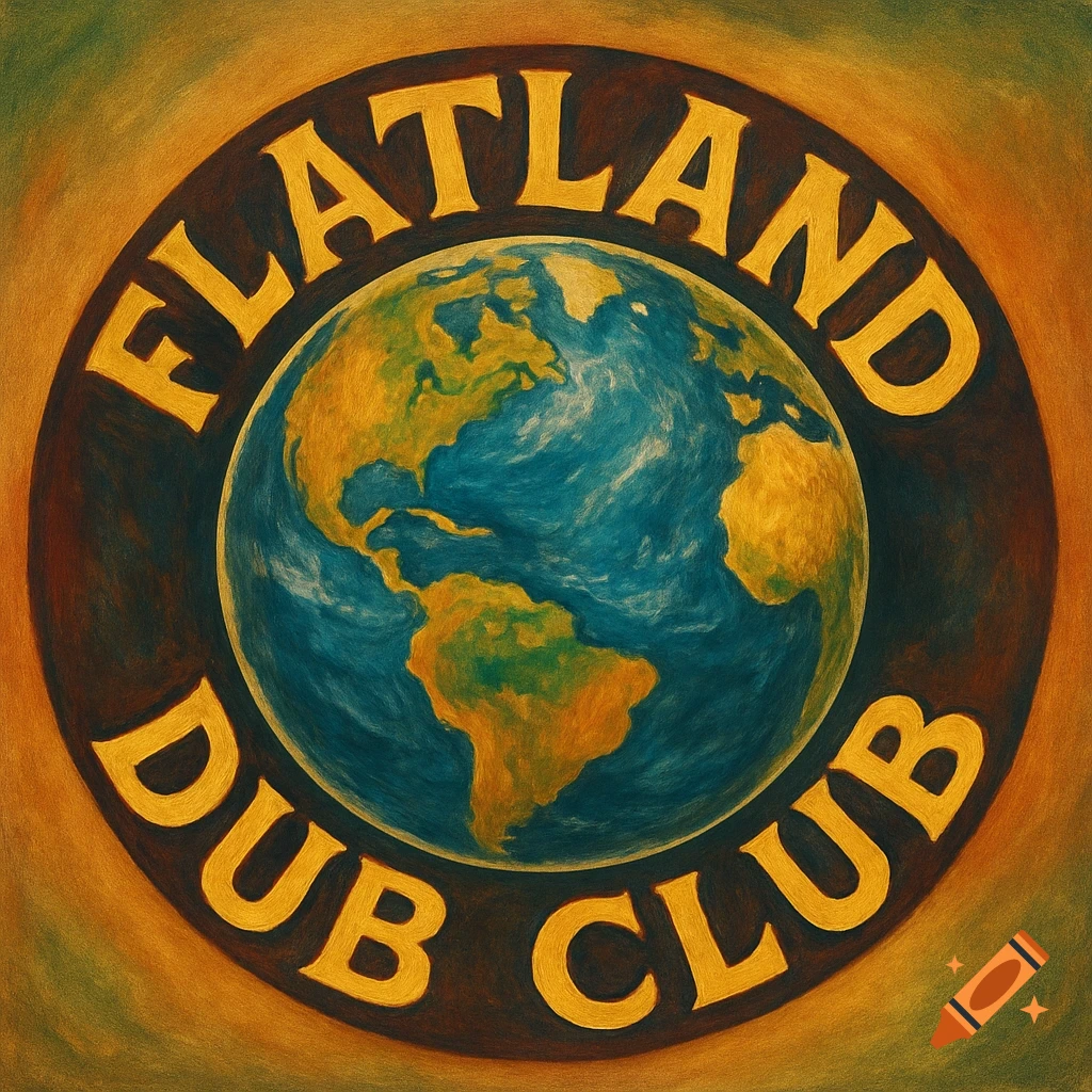 A globe of Earth with the text 'FLATLAND DUB CLUB' around it in a painted style.