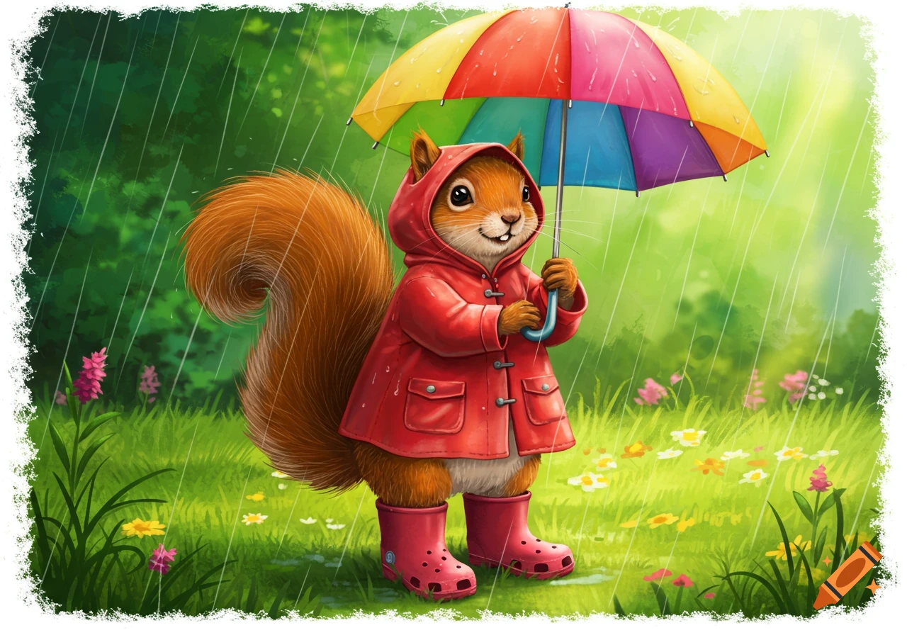 A cartoon squirrel in a red raincoat and pink Crocs holds a rainbow umbrella in the rain.