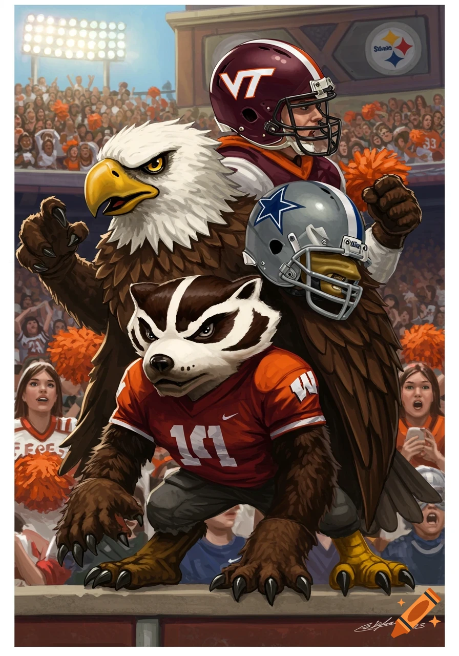An eagle, badger, and human figures in football helmets representing different teams stand in a stadium in a vibrant illustrated style.