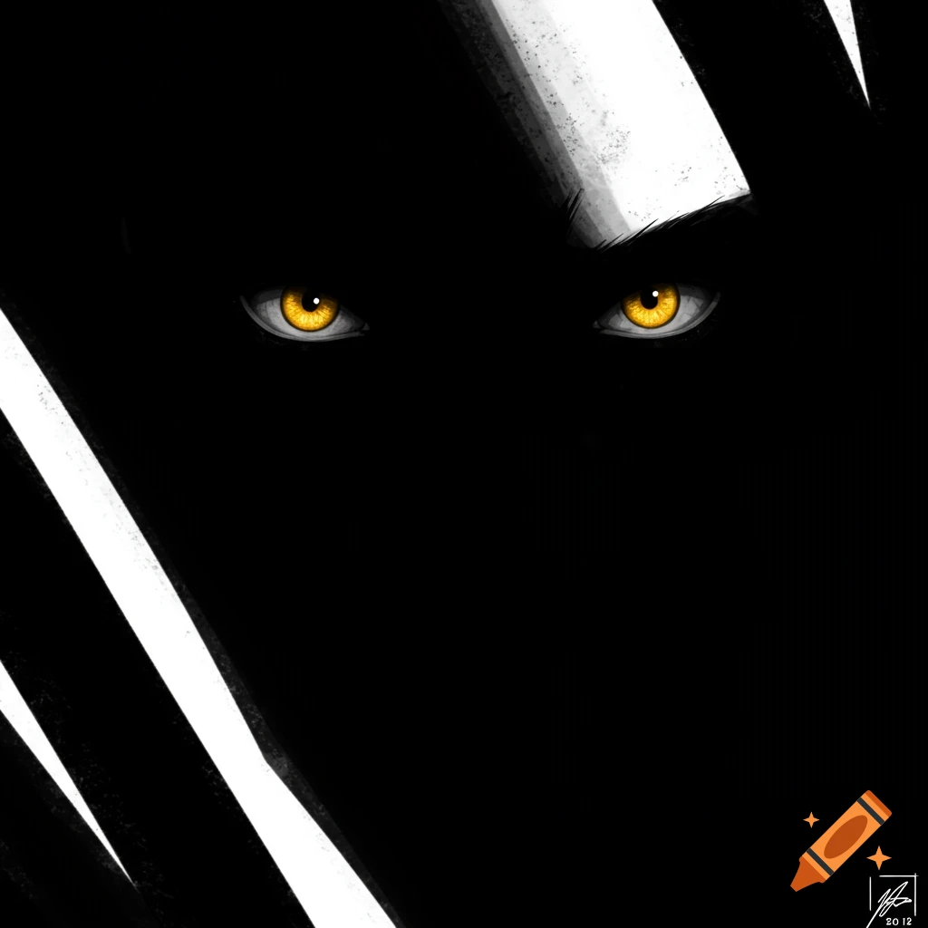 Pair of piercing yellow eyes in shadow against abstract black and white shapes. Digital art.