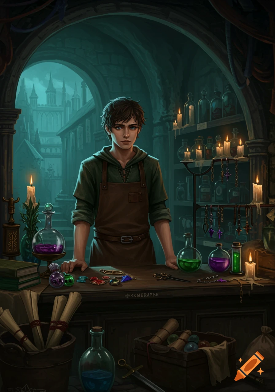 A moody young man stands behind a counter in a fantasy alchemy shop filled with bottles and potions.