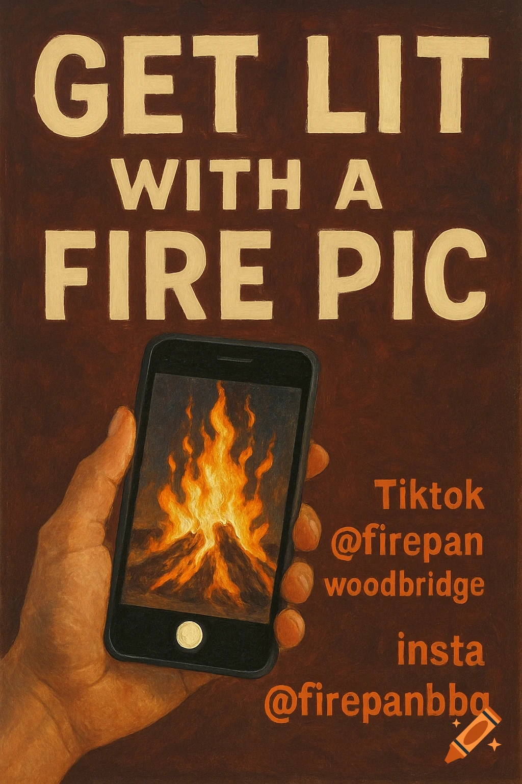 Illustration of a hand holding a phone displaying a campfire, with text 'GET LIT WITH A FIRE PIC' and social media handles.