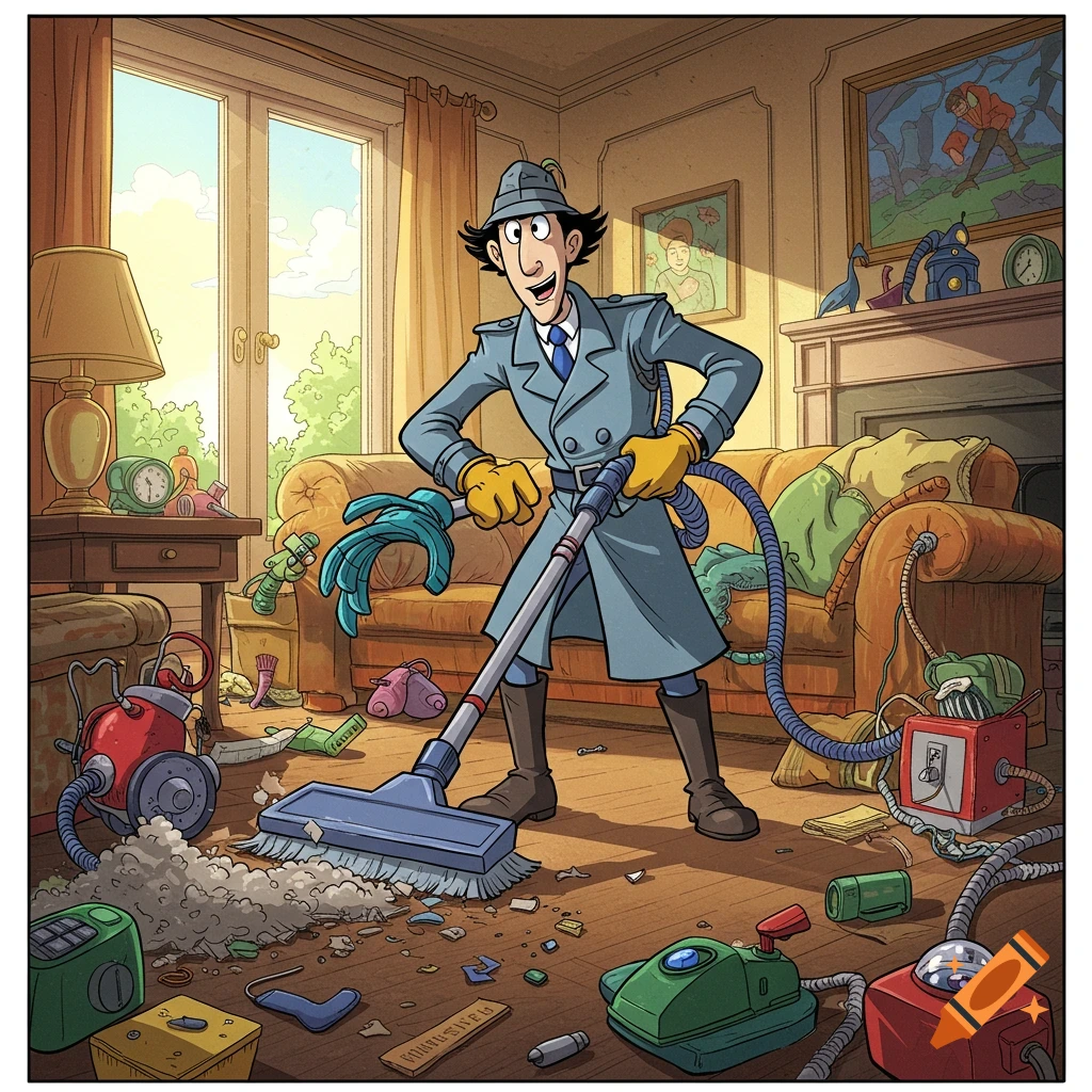 Inspector Gadget vacuums a messy living room with his extendable gadget arm.