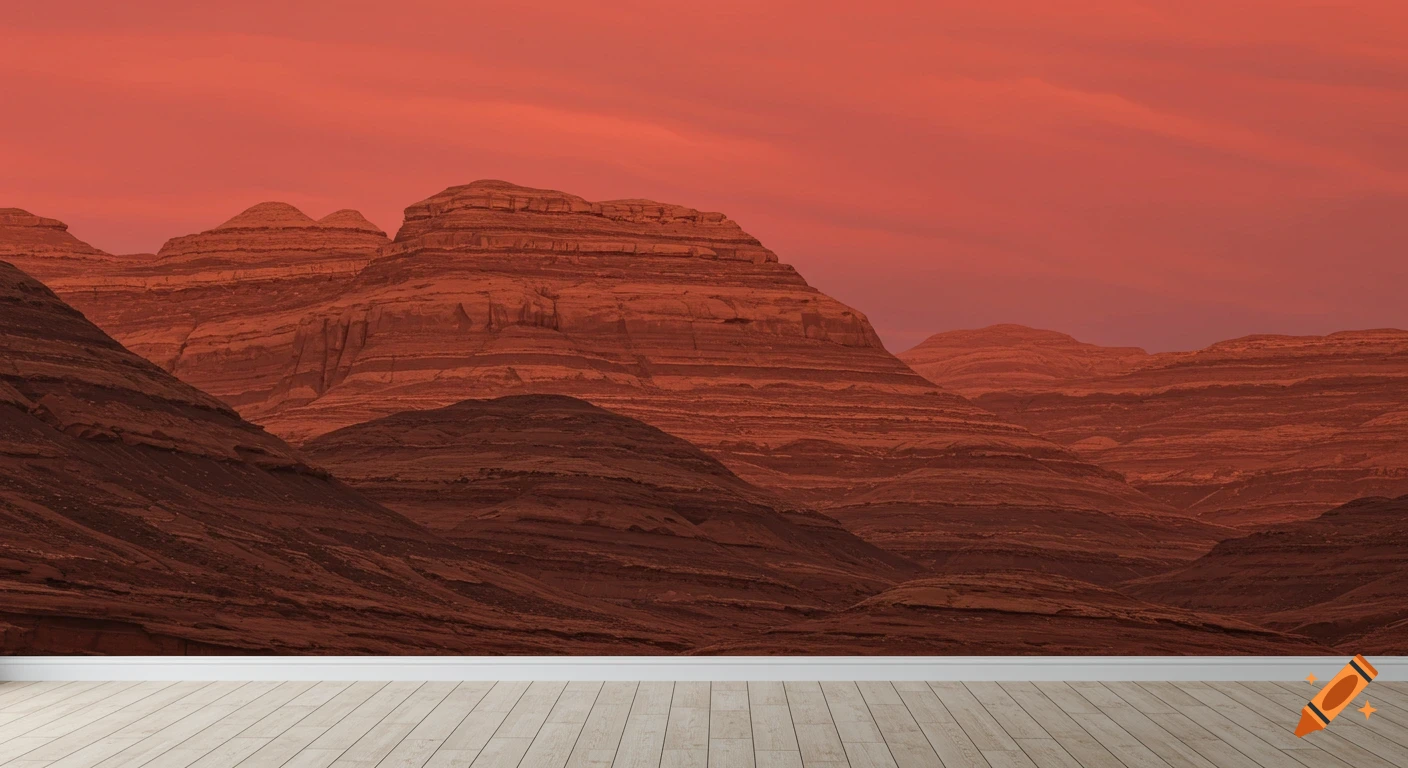 A vast landscape of brown mountains with layered rock formations under a light red sky, depicted as a wall painting in a room with a wooden floor.