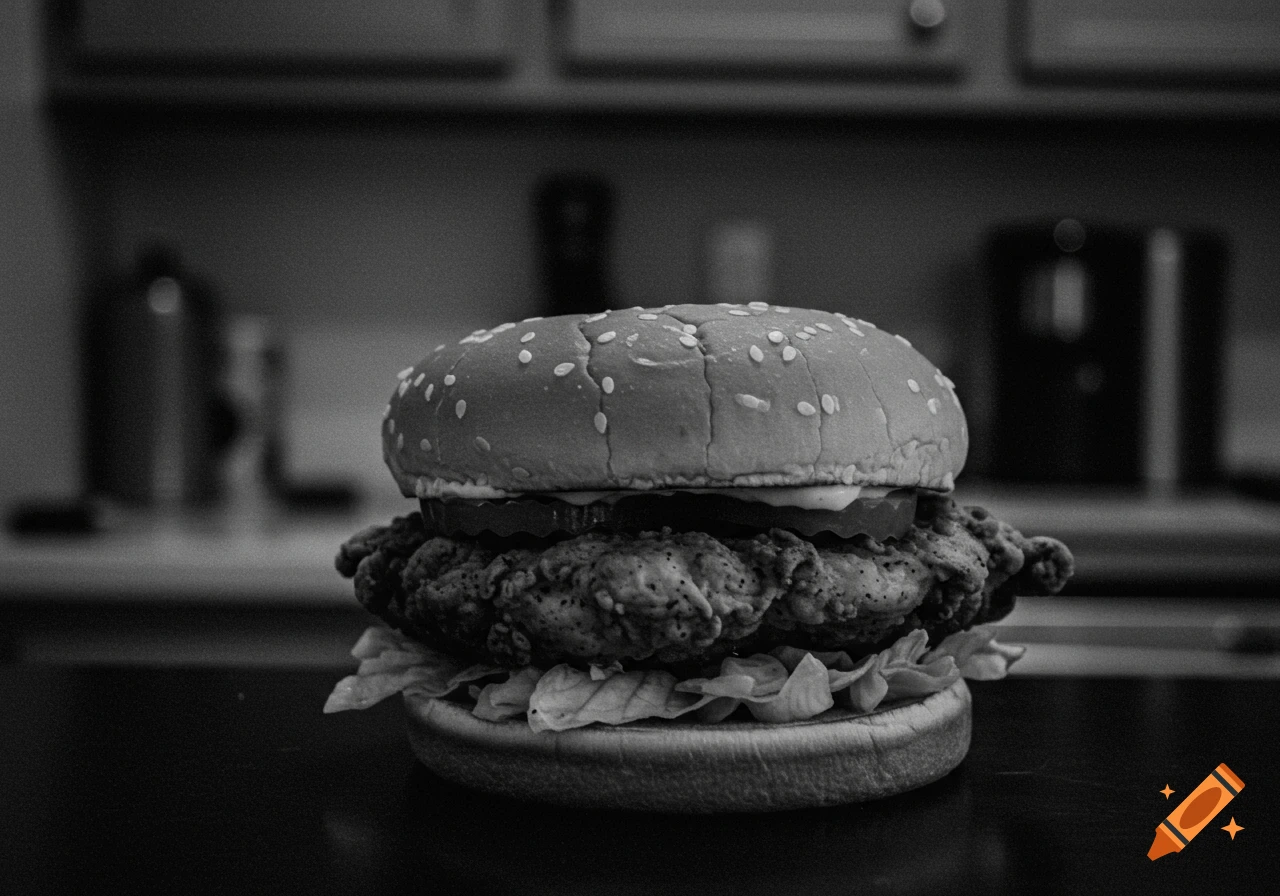 Black and white photo of a chicken sandwich.
