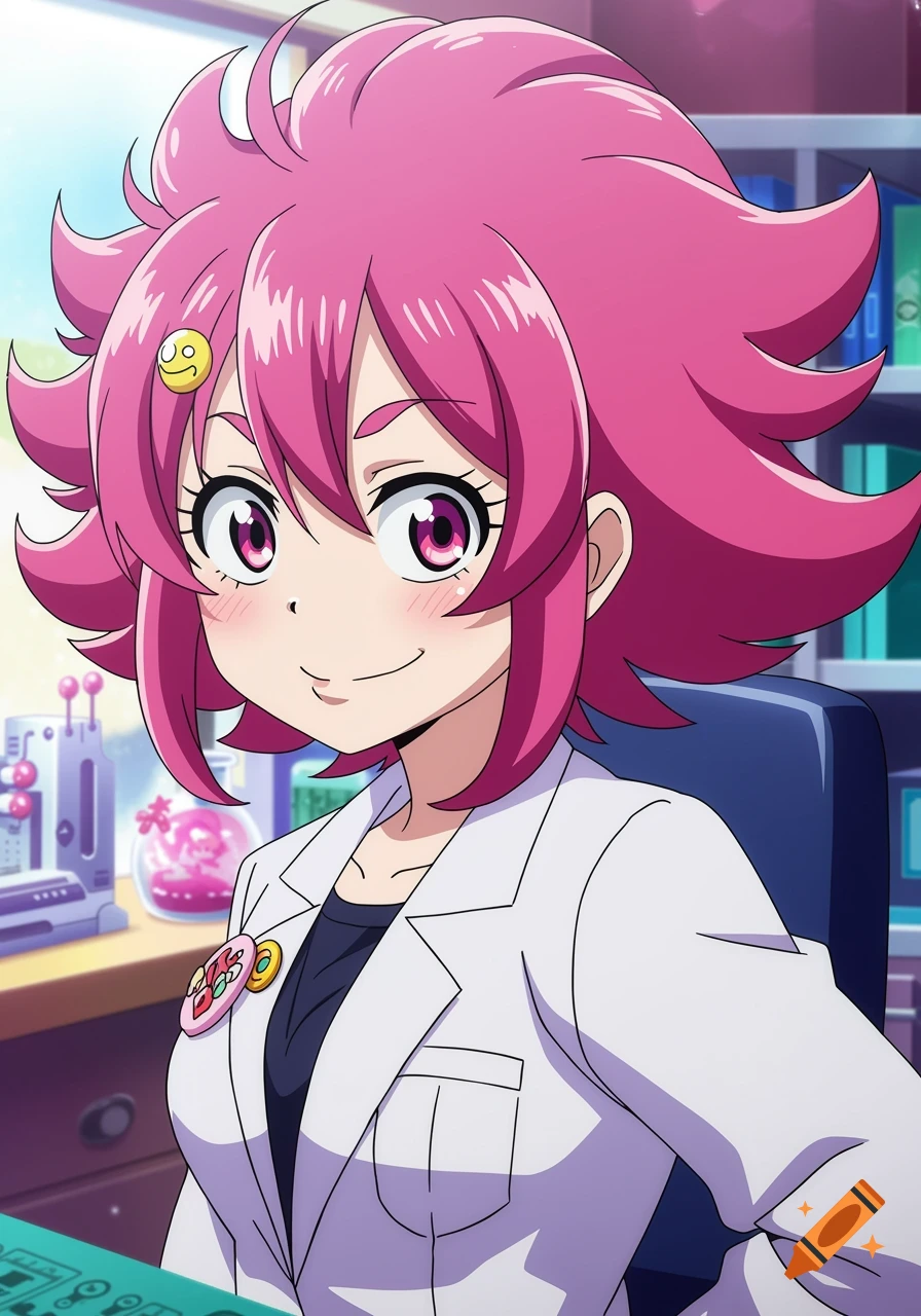 Anime character with pink hair and lab coat sitting in a lab