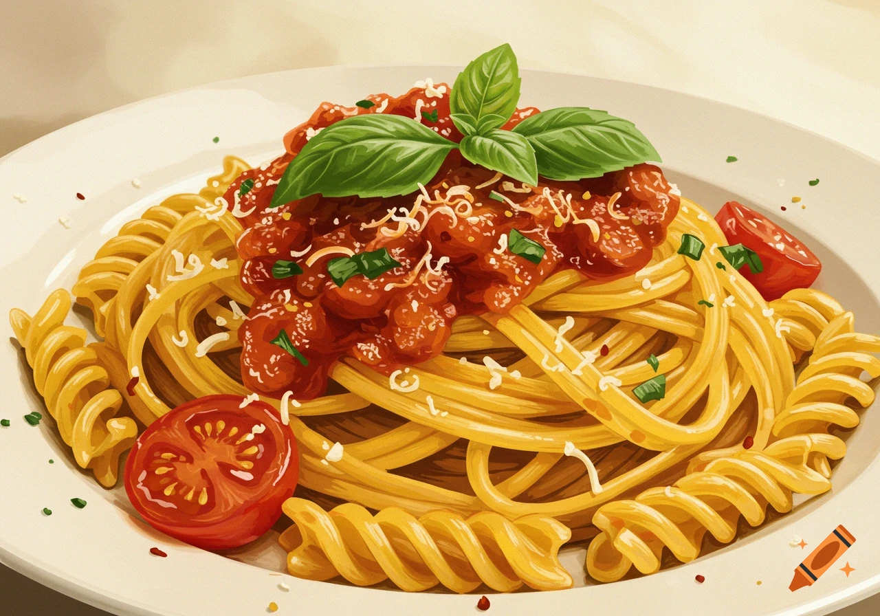 Plate of pasta with tomato sauce and basil leaves.