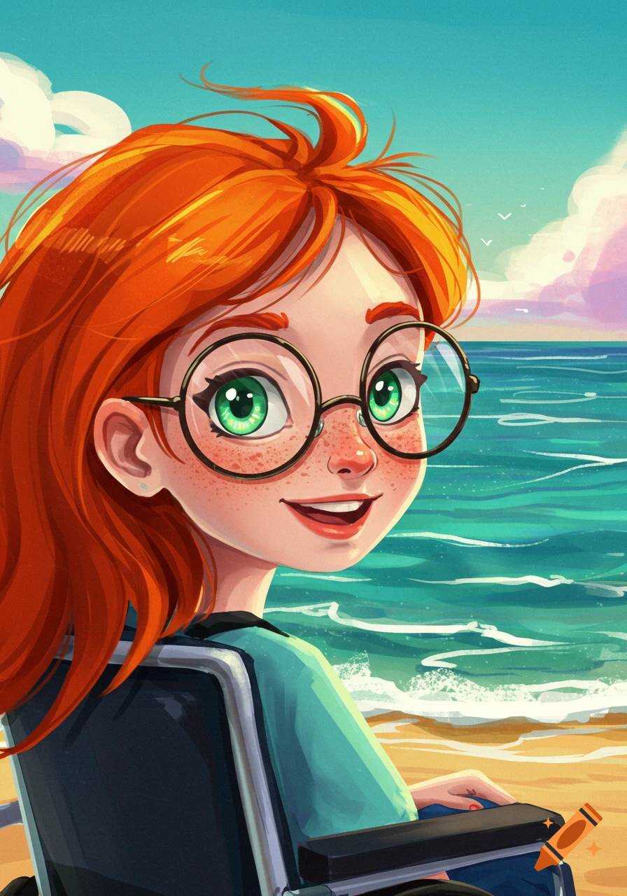 Stylized illustration of a red-haired girl in glasses and wheelchair on a beach looking at the ocean.