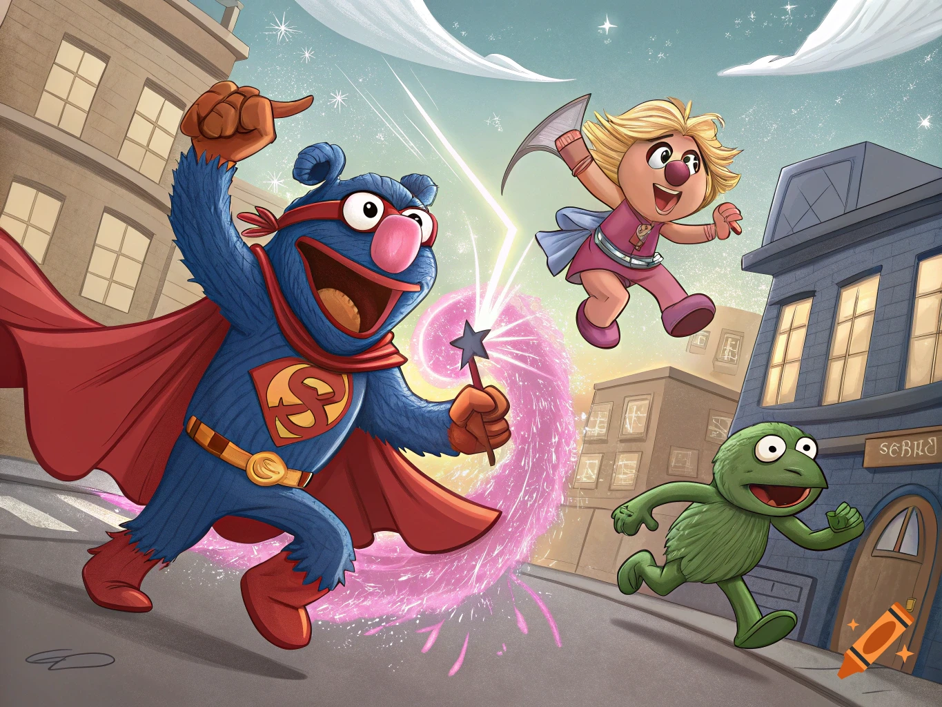 Cartoon illustration of Super Grover fighting two muppet-like characters in superhero/villain costumes on a city street.