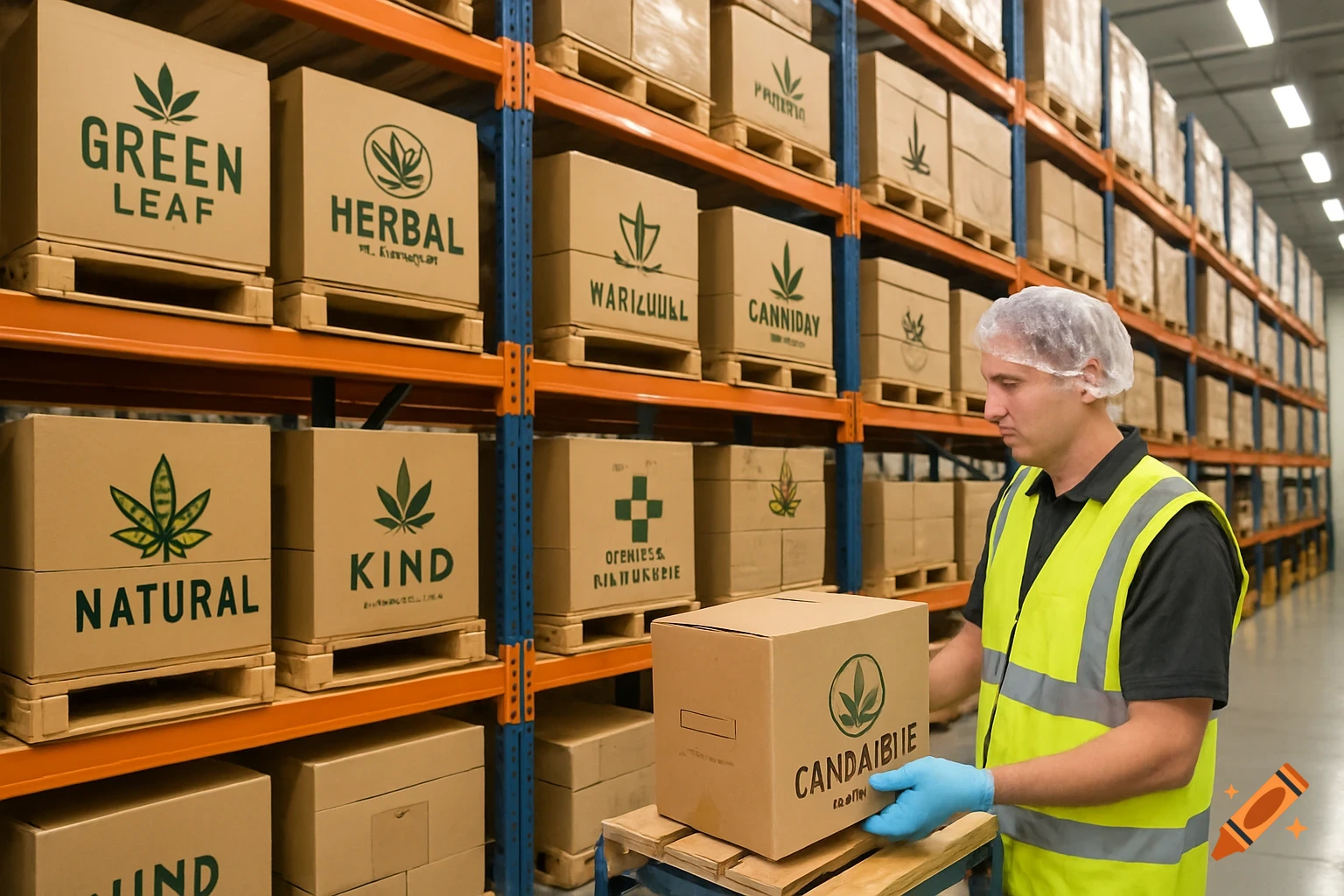 Man in a safety vest handles boxes labeled with cannabis brand names in a warehouse.
