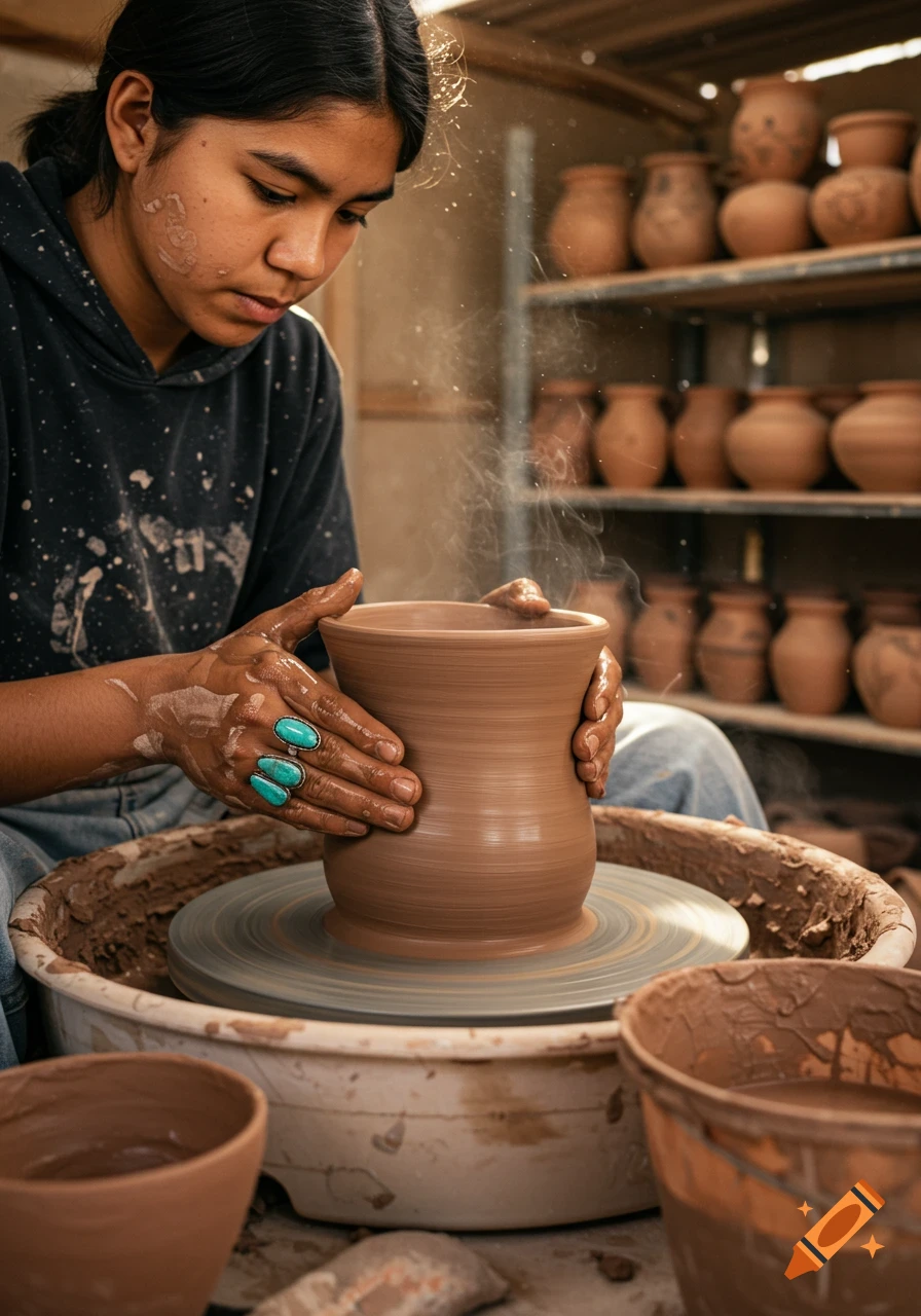 A young person shapes a clay pot on a pottery wheel in a workshop.