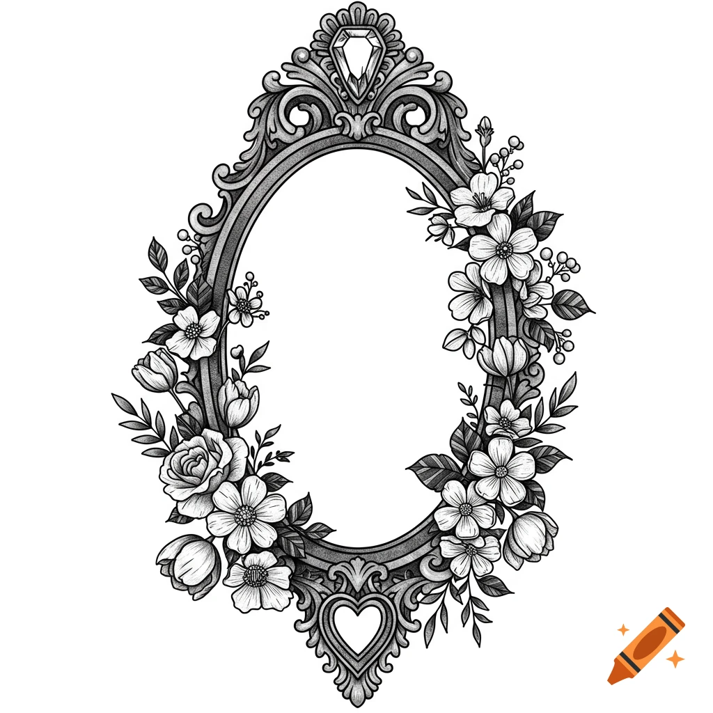 Black and grey drawing of an ornate oval frame decorated with flowers, leaves, a heart, and a jewel.