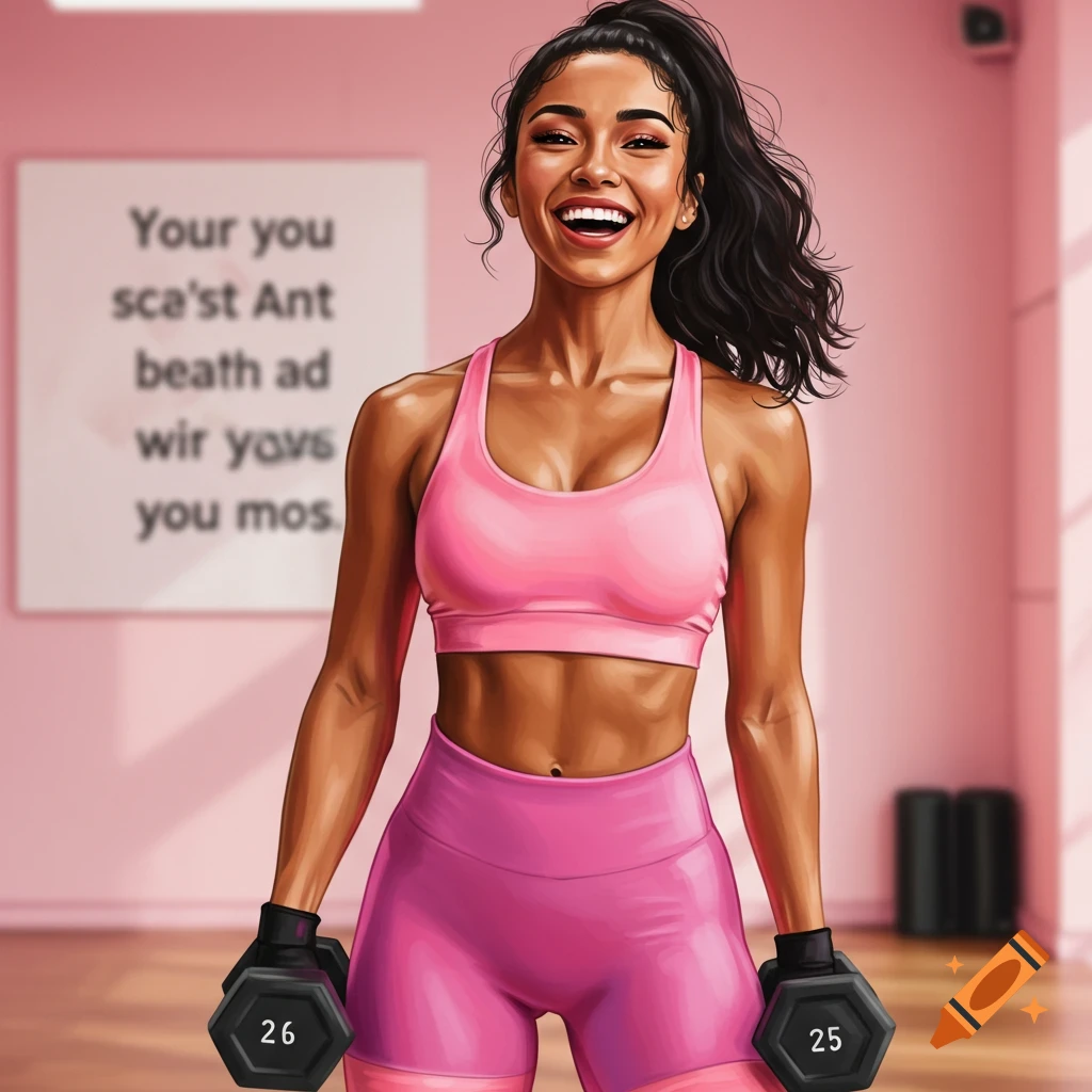 Woman in pink workout gear holding dumbbells in a gym.