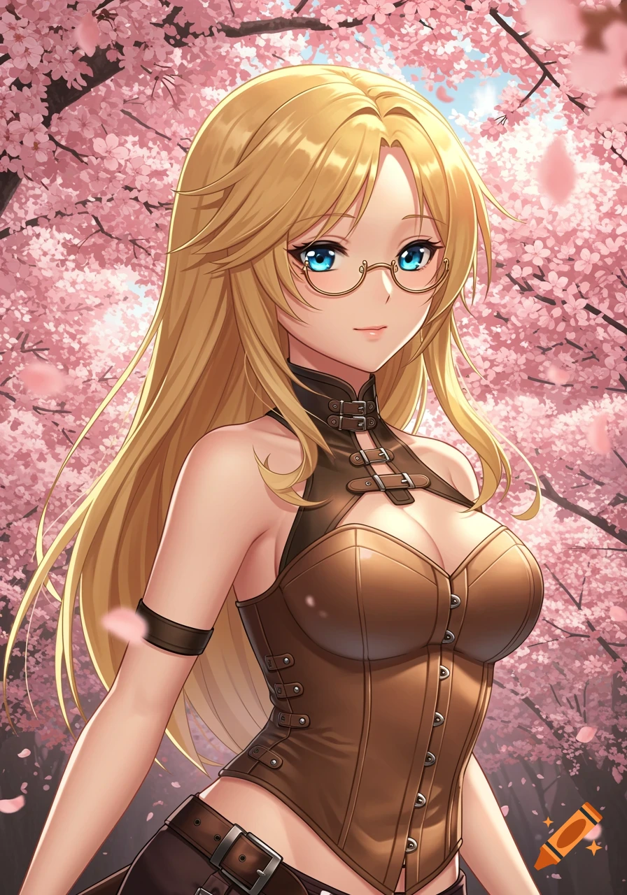 Anime girl with blond hair, blue eyes, glasses, and leather corset stands among cherry blossoms