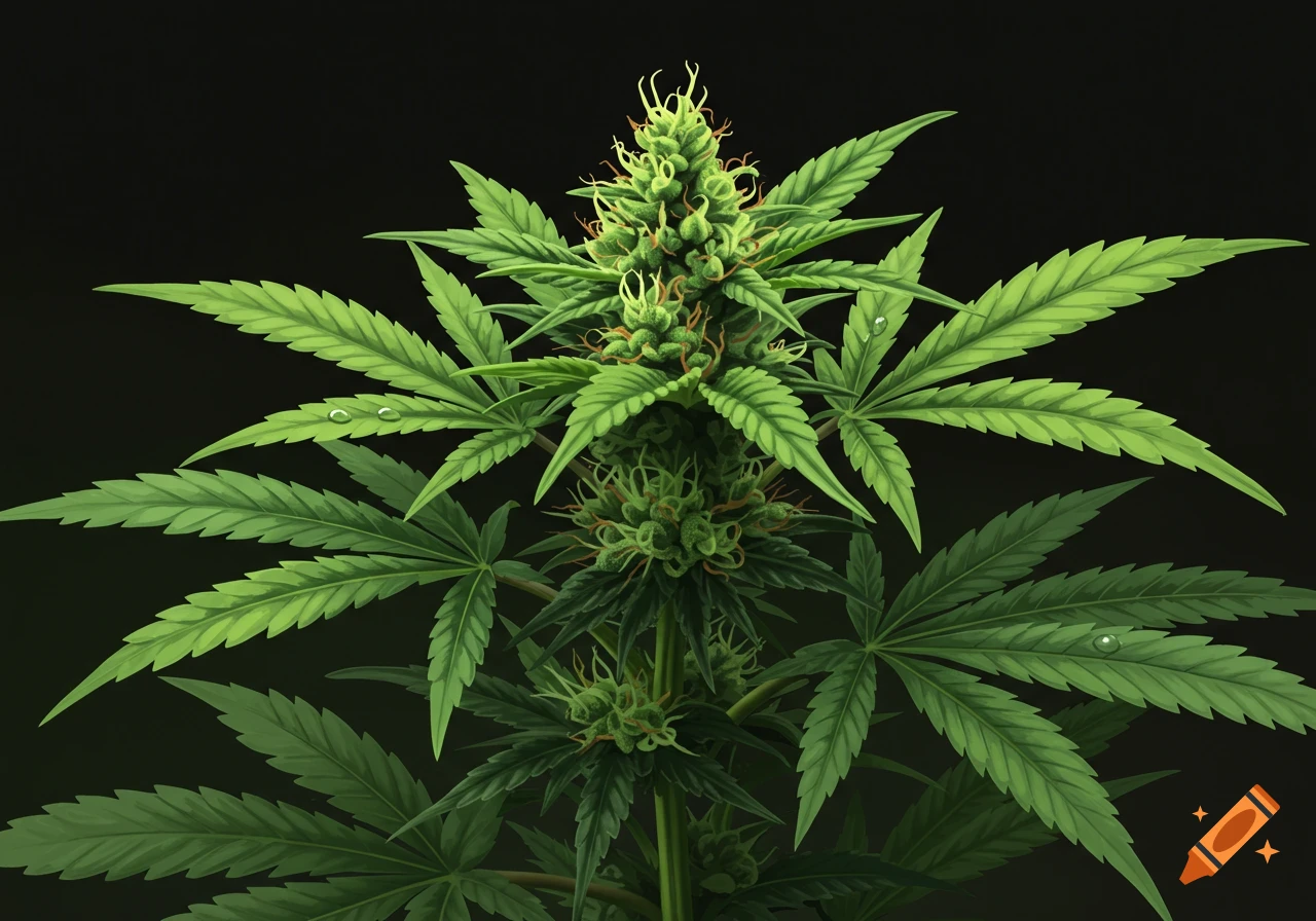 Detailed illustration of a marijuana plant with buds and leaves on a dark background.