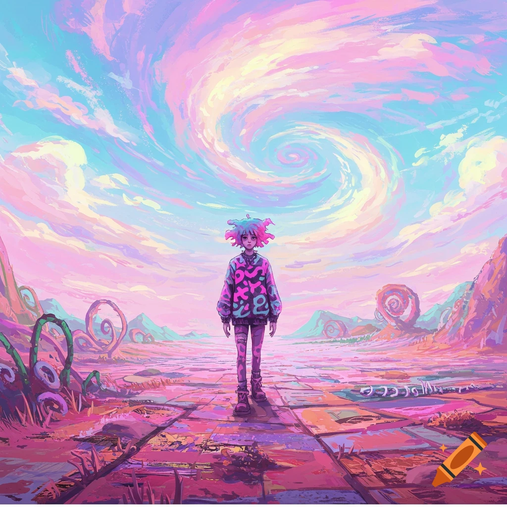 Character with colorful hair in vibrant surreal landscape with spiral clouds