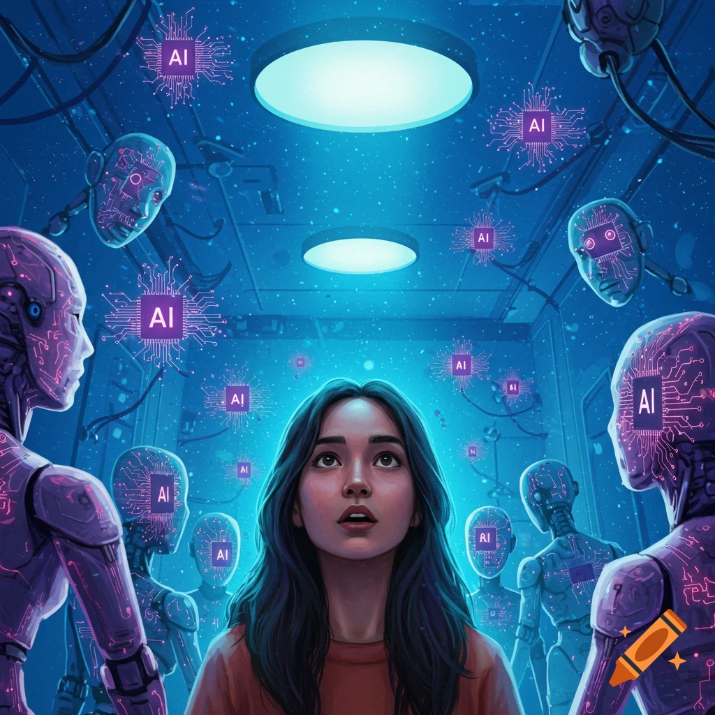 A person looks up in a room surrounded by glowing robots and floating AI symbols.