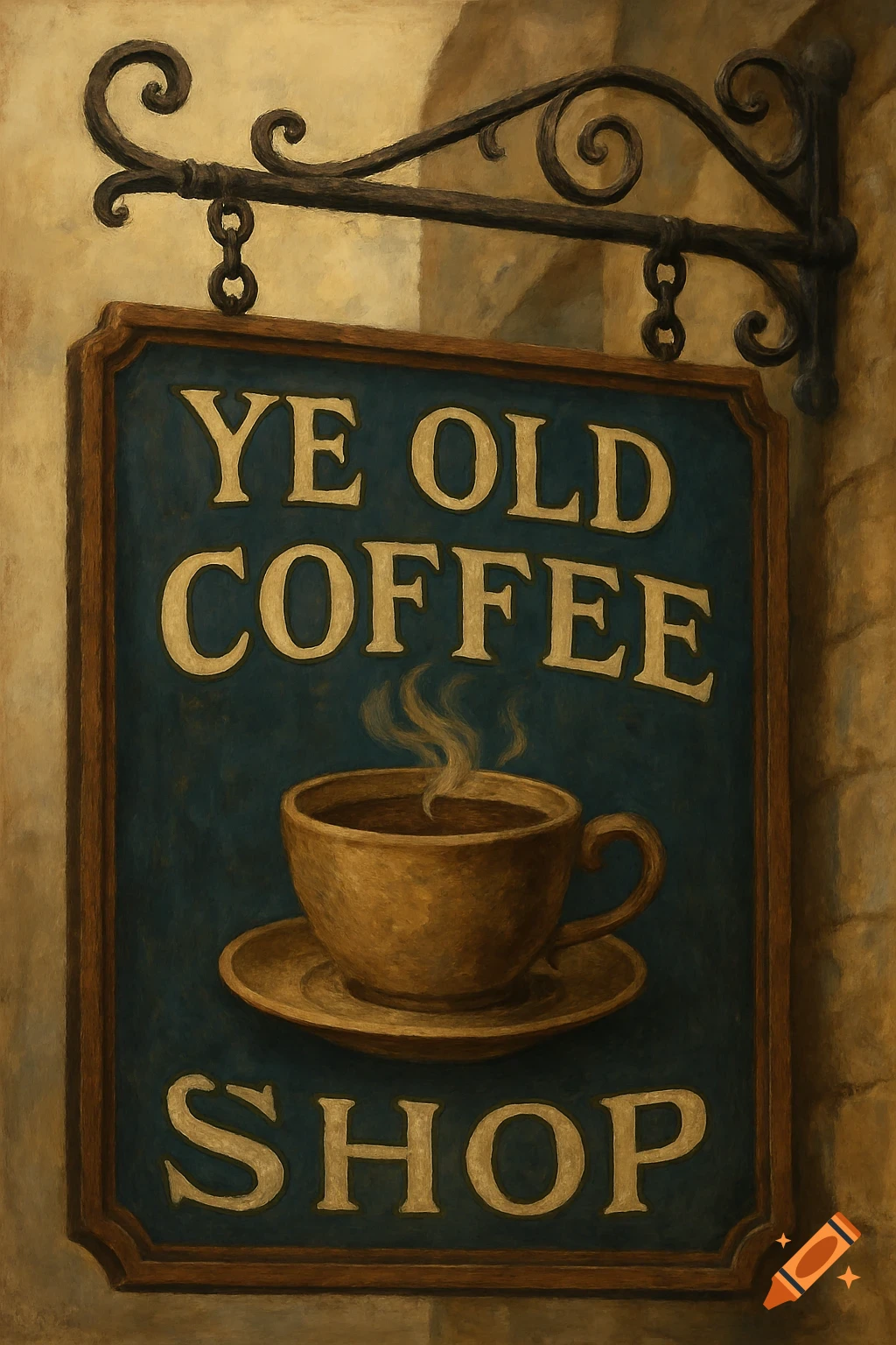 Painting of a hanging sign for Ye Old Coffee Shop featuring a coffee cup.