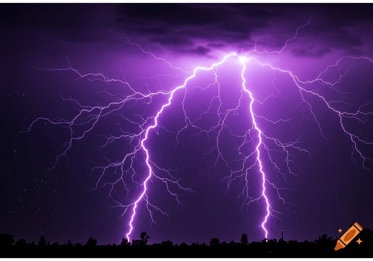 Purple lightning bolts strike down against a dark purple night sky.
