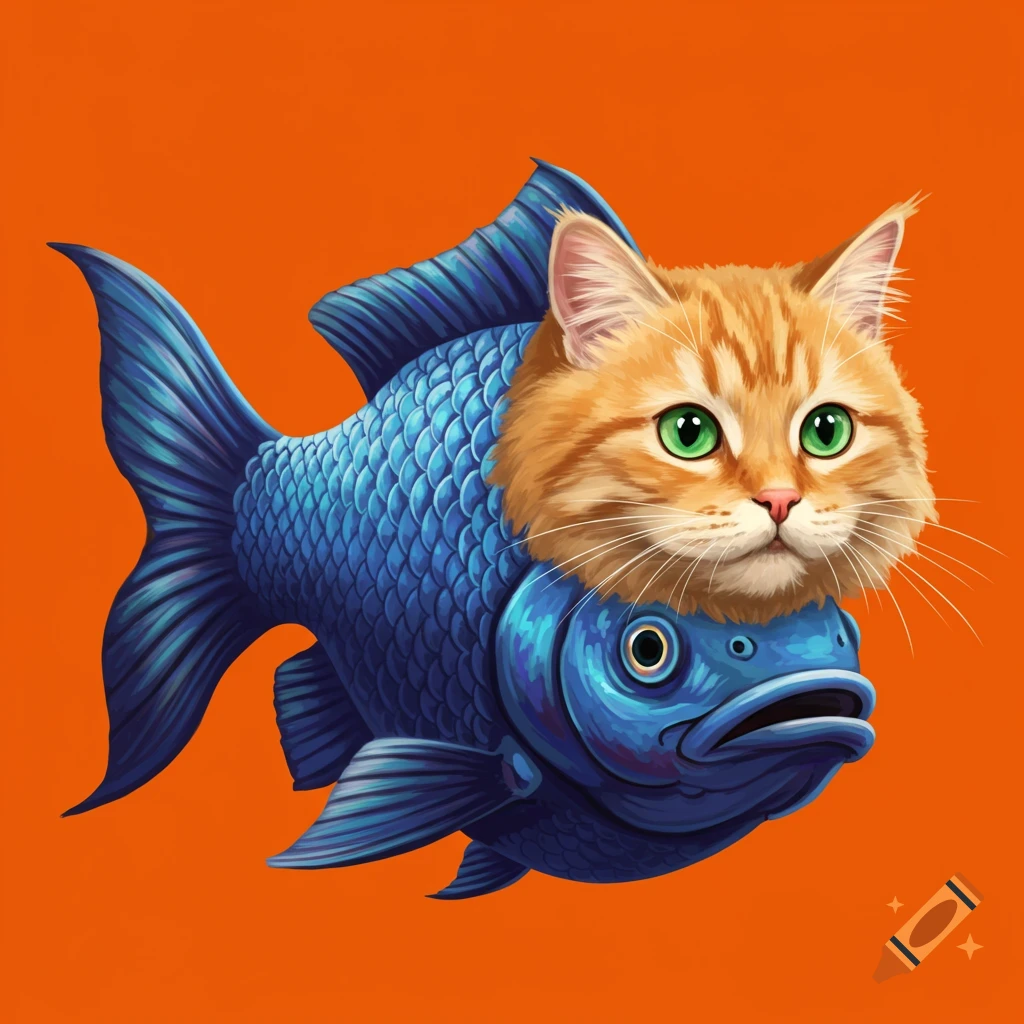 Graphic design of a blue fish body with an orange cat's head on an orange background.
