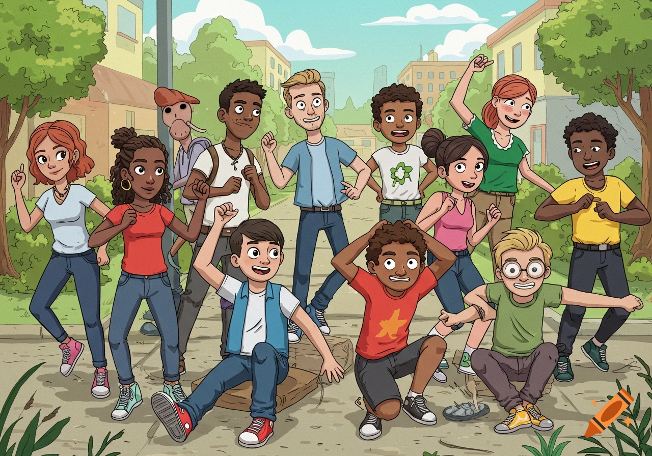 Cartoon illustration of a diverse group of young people smiling and posing on a street.