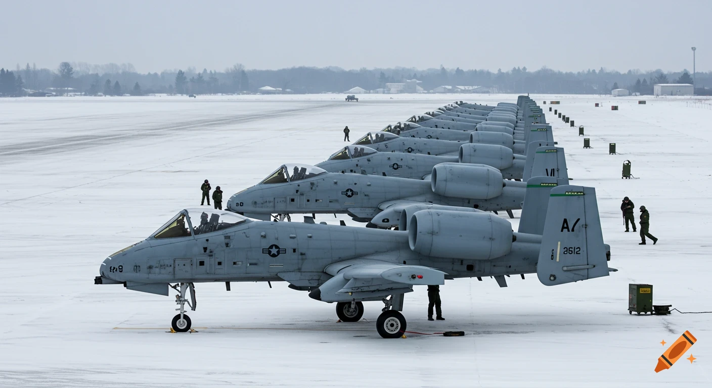 A long line of US military A-10 Warthog attack aircraft parked on a snow-covered runway.