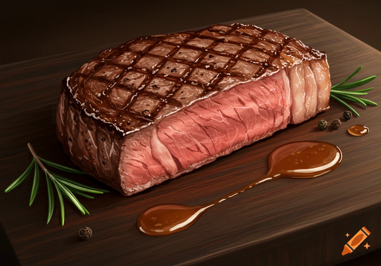 Close-up of a cooked steak on a wooden board with sauce, rosemary, and peppercorns, in an illustrative style.