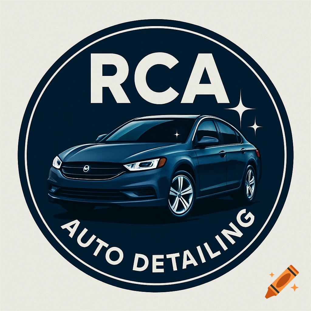 Circular blue logo with a stylized car, text reads "RCA" above the car and "AUTO DETAILING" below it.