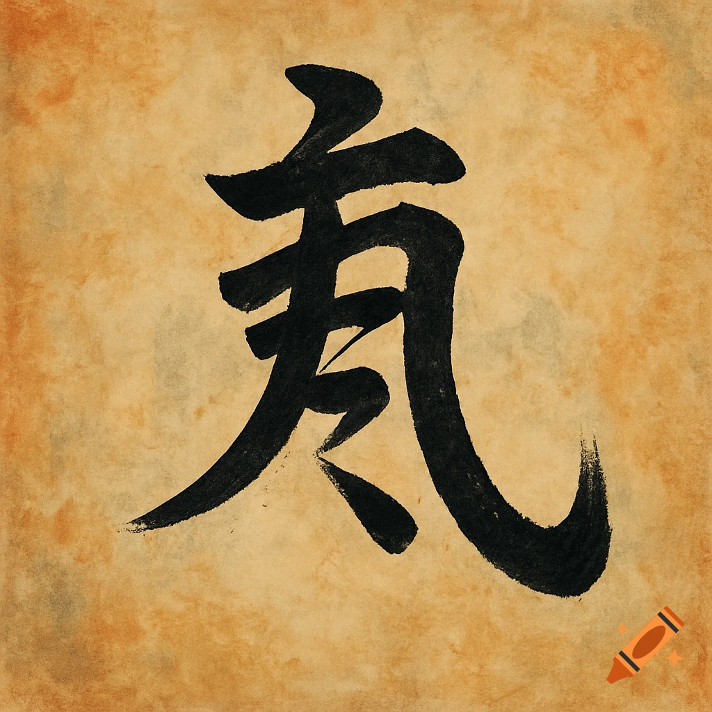 Black calligraphic character on textured brown paper.