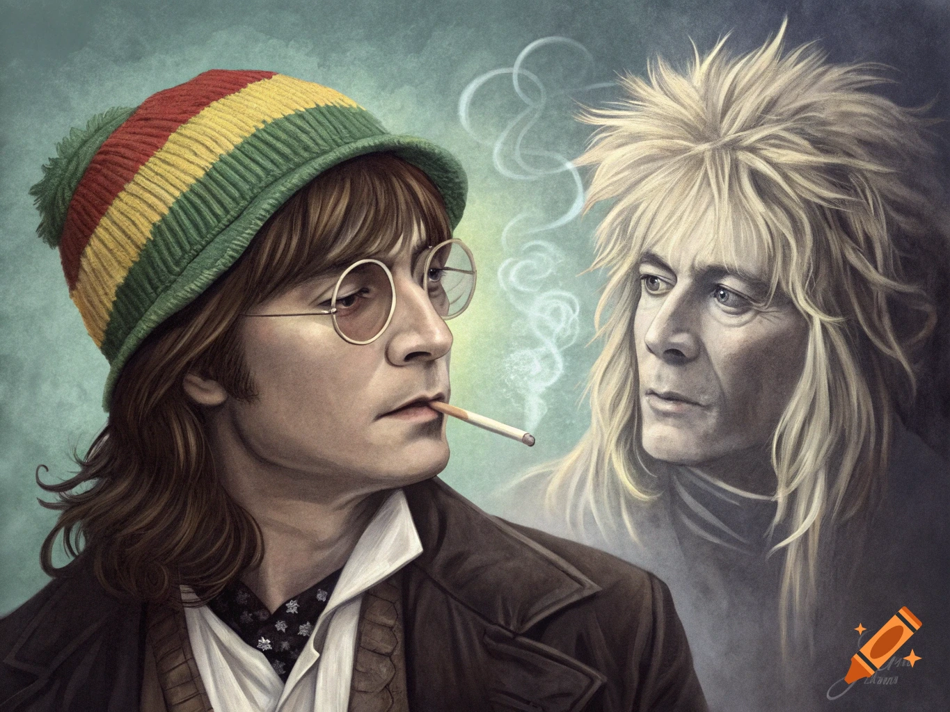 A painting of John Lennon in a Jamaican hat smoking, with Jareth the Goblin King in the background.