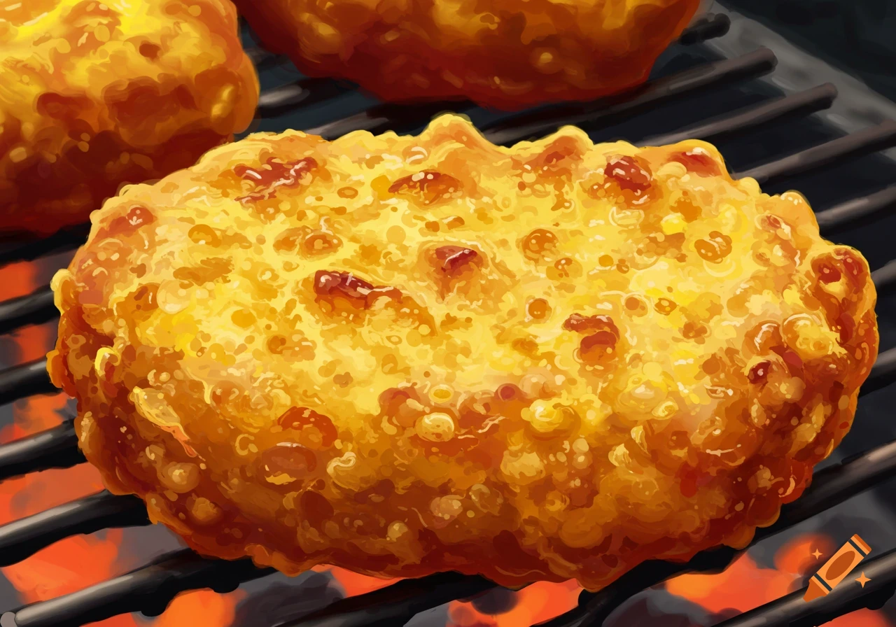 Close-up of a golden chicken nugget cooking on a grill over hot coals.