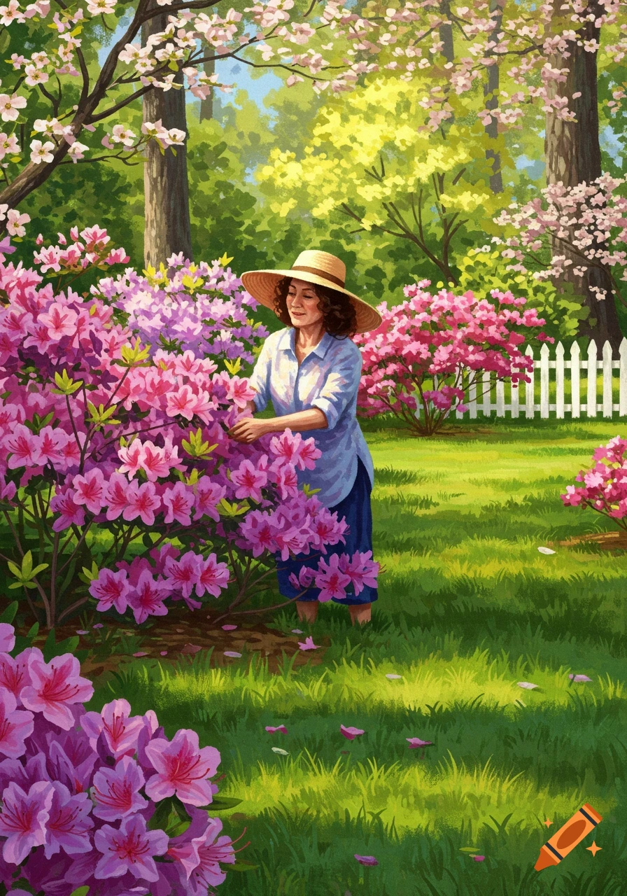 Woman in a straw hat gardening pink and purple azaleas in a sunny spring garden with trees and a white fence, illustration style.