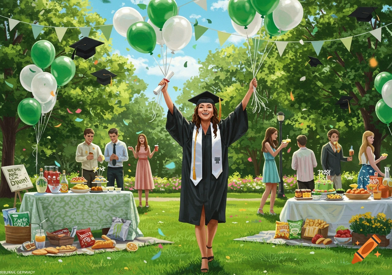 Illustration of a graduation party in a park with a graduate holding a diploma, balloons, people, and food tables.