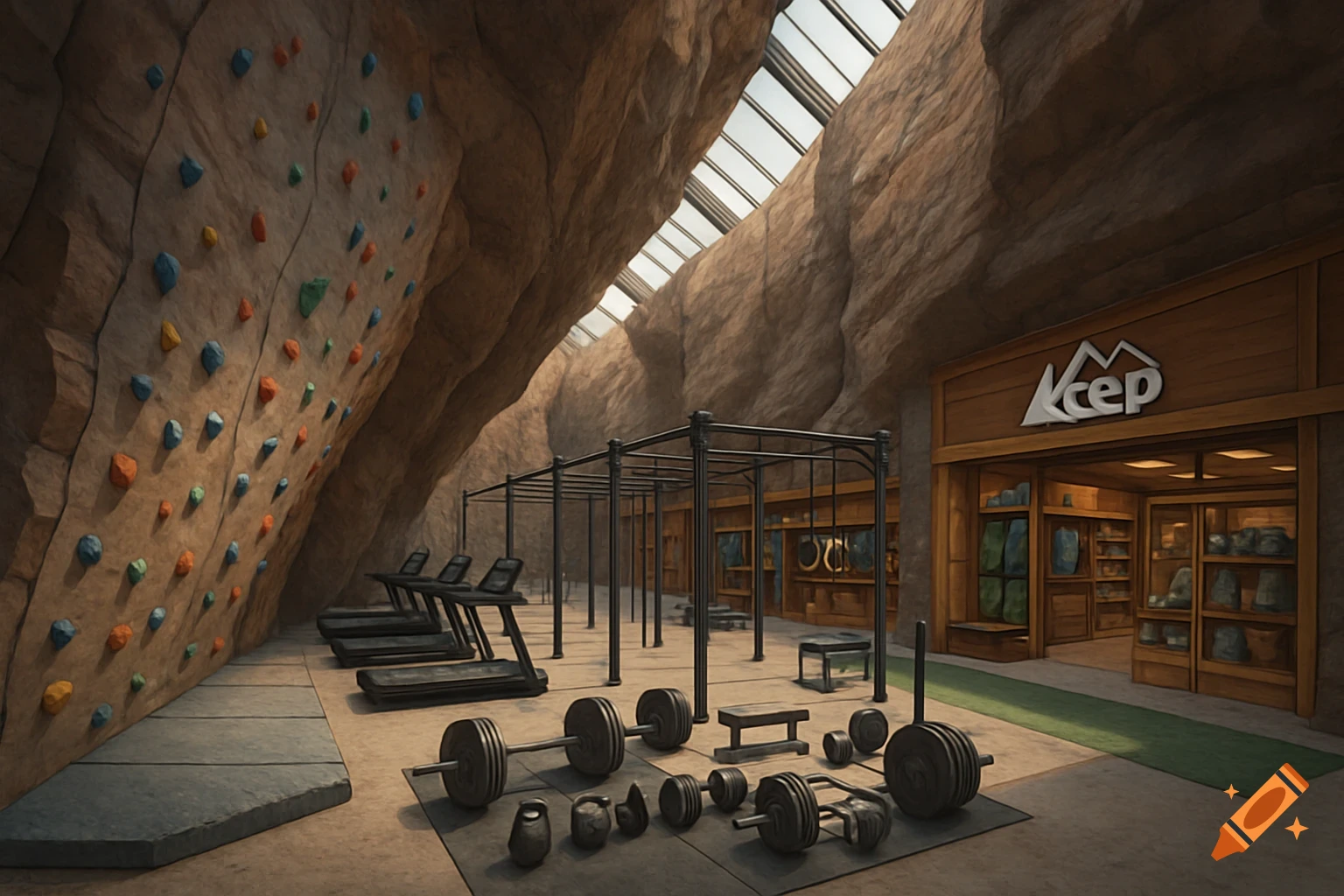 A large rock climbing gym with exercise equipment and a shop, styled like a cave or crevasse with skylights.
