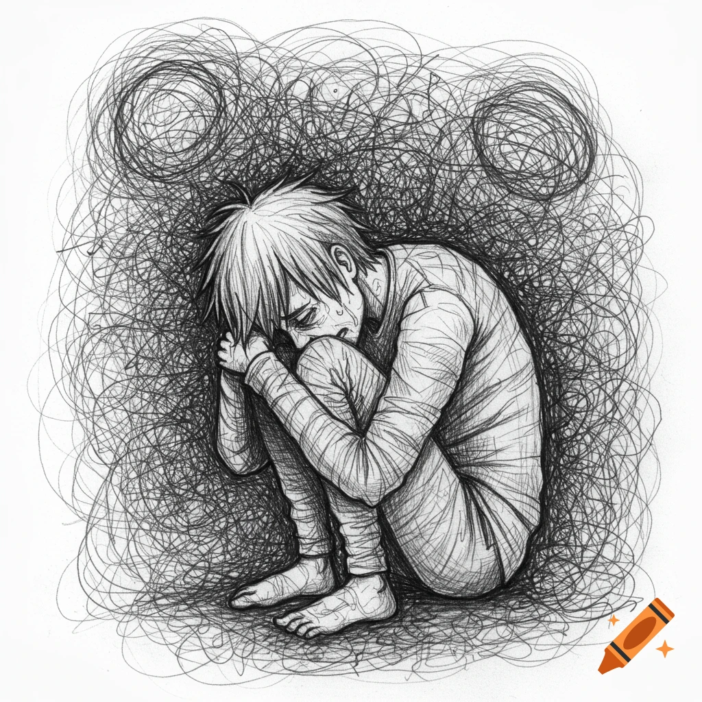 Pencil sketch of a huddled figure surrounded by swirling lines, expressing distress.