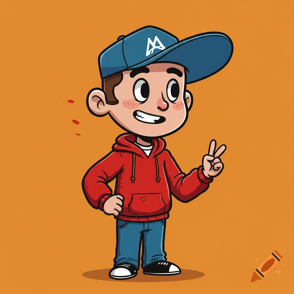 A cartoon boy wearing a red hoodie and blue baseball cap, giving a peace sign.