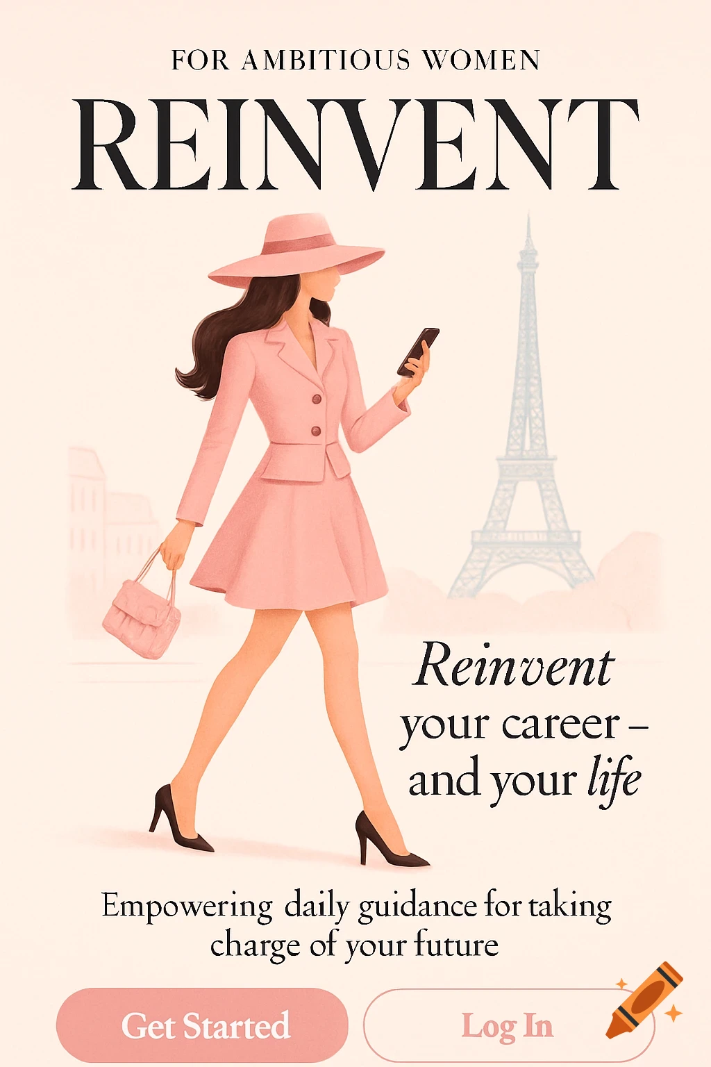 Illustration of a stylish woman in pink suit walking past the Eiffel Tower, with text about reinventing career and life.