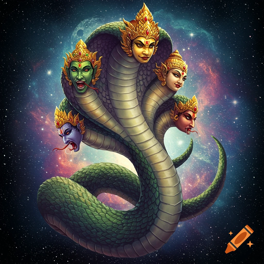 Multi-headed serpentine creature with deity faces and crowns in space ...