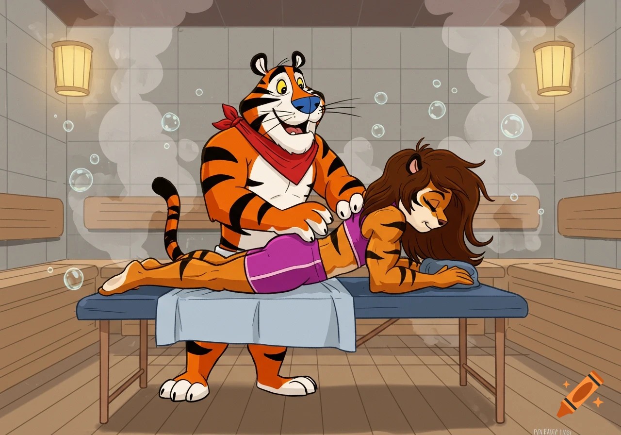 Tony the Tiger massages an anthropomorphic tigress on a table in a sauna in 2D animation style.