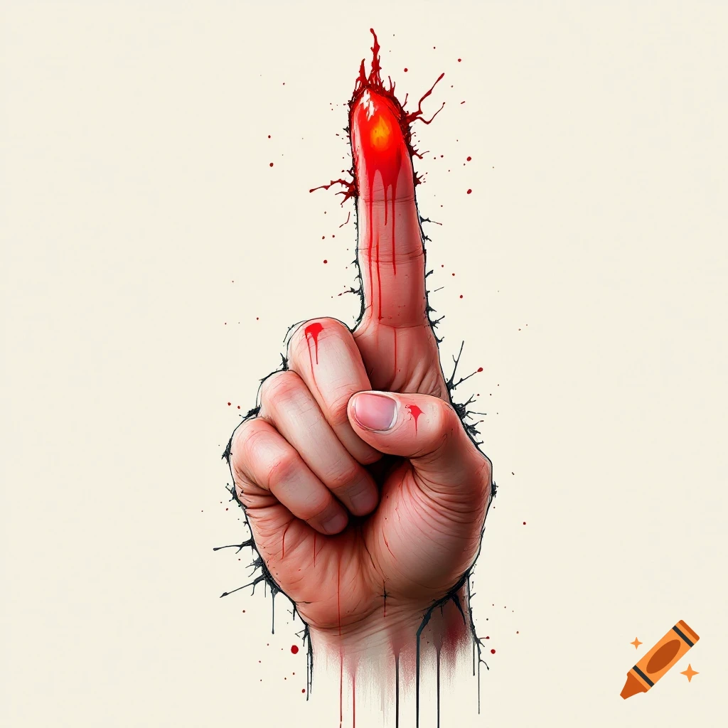 Illustration of a hand with a bloody index finger breaking through a surface.